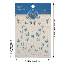 FNANJWQ 5D Embossed Butterfly Nail Stickers, 3Pcs Green Nail Stickers with Gold Edge Green Butterfly, Self-Adhesive Butterflies Cute Nails Design Sticker for Women DIY Manicure Art Decorations