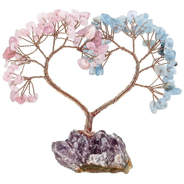 SUNYIK Handmade Healing Crystal Tree with Natural Amethyst Base, Love Heart Fengshui Money Tree for Office Home Decoration, Aquamarine Stone/Rose Quartz