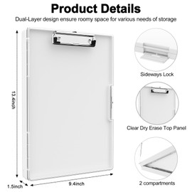 Piasoenc Clipboard with Storage, 8.5 x 11 Clip Boards with 2 Storage Case and A4 Paper Folder, Clear Dry Erase Top Panel, Heavy Duty Plastic, Folio & Side-Opening, for Nurses, Teachers, Lawers,White