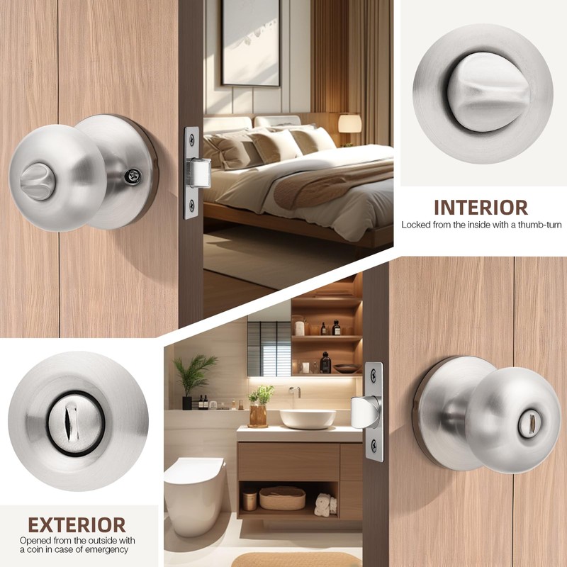 GOBEKOR 8 Pack Brushed Nickel Privacy Door Knobs Stainless Steel