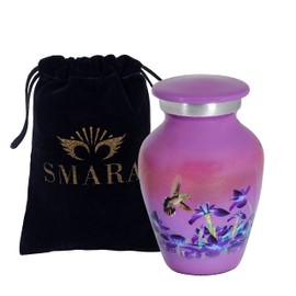 SMARA Small Keepsake Cremation Urn with Velvet Case | Choose From Unique Colors lovely Sharing Mini Metal Token For Human Ashes or Pet. (Keepsake, Hummingbird (Purple))