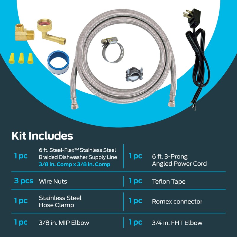 Eastman 6 Ft. Dishwasher Installation Kit, Braided Stainless Steel Supply