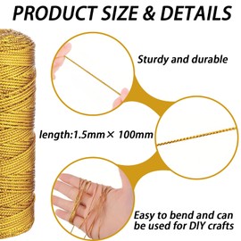 Diyxisk Gold Cord, 100 m Inelastic Craft Cord, Polyester Parcel Cord, 1.5 mm Wide Ribbon Gold, for DIY Crafts, Cord Christmas, Wedding Decoration or Gift Packaging