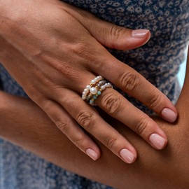 Made by Nami Pearl Ring Elastic with Real Freshwater Pearls Elastic Ring with Pearls Waterproof Jewellery Boho Jewellery Women, Beads, Pearl