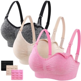 Athaelay Nursing Bra for Maternity/Postpartum Breastfeeding Black Nude Pink 3 Pack Size L Pregnant Nursing Nightgown