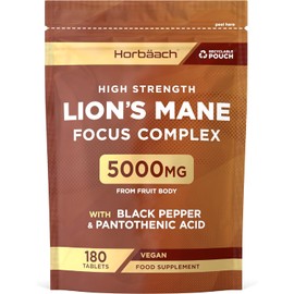 Lion's Mane Supplement 5000mg | Enhanced with Black Pepper & Pantothenic Acid | Focus & Brain Support Complex | 180 Vegan Tablets | by Horbaach