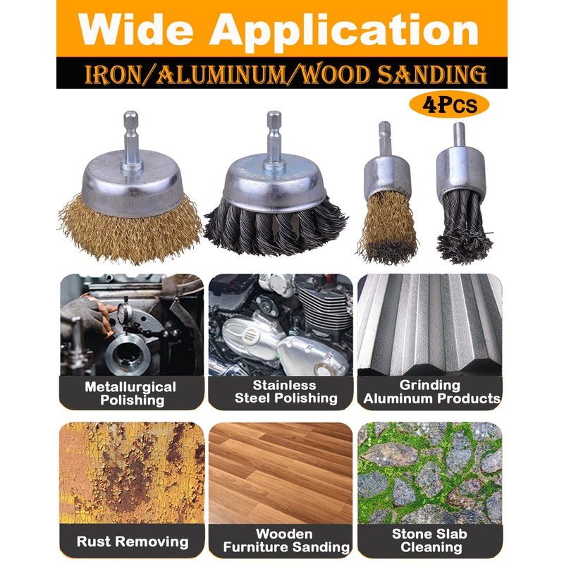 SHITIME 3 Inch Knotted Wire Cup Brush Set, 4PCS Wire