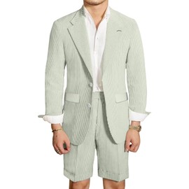 LYOUCI Seersucker Suit Mens Regular Fit Jacket Shorts Casual 2 Piece Pinstripe Linen Suit Holiday Outfits for Summer Wedding Sage Green L