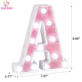 EUFONY LED Pink Glitter Marquee Light Up Letter A, Cool White Lights Alphabet Letters for Girls' Bedroom, Wall & Table Decor, Battery-Powered Letter Sign for Birthday Party, Wedding, Room Decorations