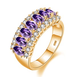 Uloveido Gold Plated 7 Stones Mother Ring, Oval Cut Simulated Amethyst Wedding Band, Purple Cubic Zirconia Jewelry J501 (Gold, Purple, Size Q)