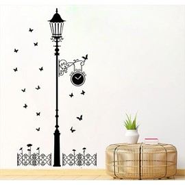 Vintage Street Lamp Wall Decal with Clock and Butterflies, Black Decorative Vinyl Sticker for Home