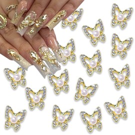 15Pcs Butterfly Nail Charms 3D Luxury Butterfly Nail Gems Silver Butterfly Nail Diamond with Pearl Shiny Nail Rhinestones Acrylic Nail Jewelry for Nail Art Supplies Nail Gems for Women Girls Manicure