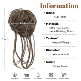 CJL HAIR Messy Bun Hair Piece Curly Hair Bun Extensions with Straight Tails Synthetic Hair Scrunchies Ponytail Hairpieces for Women Pepper Brown