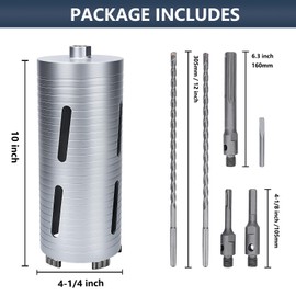 4-1/4 inch Diamond Dry Core Drill Bit, 10" Drilling Depth, 5/8"-11 Thread Core Drill Bit for Concrete Masonry Brick Block, Includes 3 Adapters SDS Plus, SDS Max and Hex (4-1/4 inch)