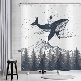 Hnmdmyi Funny Shower Curtain, Astronaut Riding Whale, Shower Curtains, Mountain Misty Forest, Children's Bath Curtain, Waterproof Polyester Fabric, Washable Bath Curtain for Bathroom with Hooks, 180 x