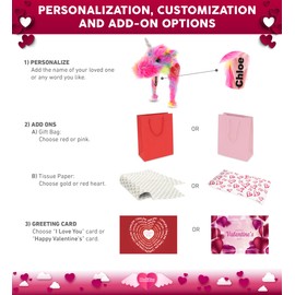 DolliBu I Love You Valentine Plush Rainbow Dragoncorn Hat - Cute Stuffed Animal with Red Heart and Name Personalization Gift for Valentines Day, Birthday, Anniversary, Romantic Date - 17 Inches