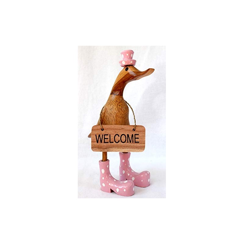dekoundmeer Wooden Duck 25cm Handmade with Pink Boots and Hat