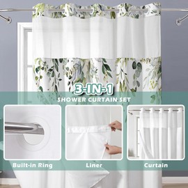 Shellspace No Hook 3 in 1 Shower Curtain with Snap in Liner, Green Leaves Flower Shower Curtain Set with See Through Top Window, Machine Washable Waterproof Polyester Fabric Bath Curtain, 71 x 74 in