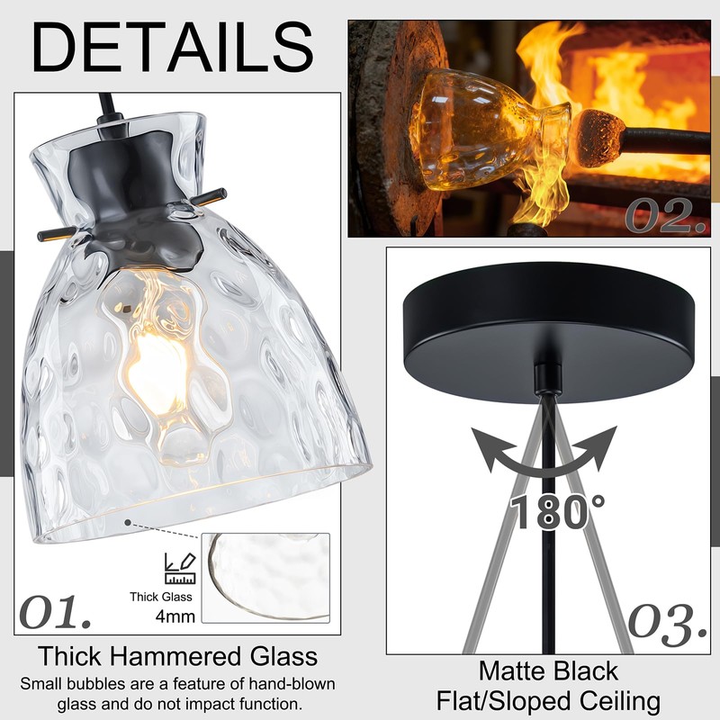 6" Mini Hammered Glass Black Pendant Lights Kitchen Island Lighting
