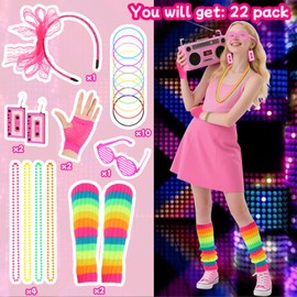 Amiao 80s Fancy Dress for Women Girls，1980s Costume Outfits Accessories for Girls，Leg Warmers、Fishnet Gloves、Glasses、Bracelets、Headband、Earrings、Necklace