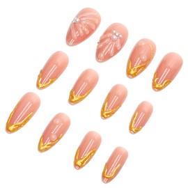 24Pcs Pink Press on Nails Medium Almond Fake Nails Gold French Tip Glue on Nails with 3D Stereoscopic Pearl Rhinestones Design Glossy Acrylic Nails Kit Reusable False Nails for Women Manicure Salon