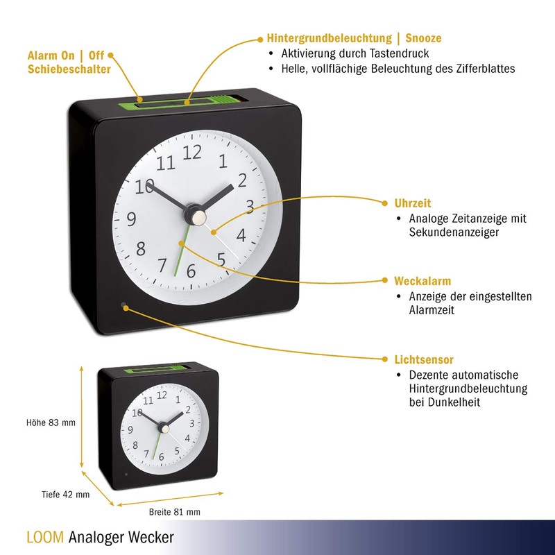 TFA Dostmann LOOM 60.1031.01 Analogue Alarm Clock Automatic Lighting with