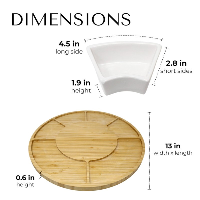 JS Gourmet Bamboo Cheese Board with 4 Ceramic Bowls, Round