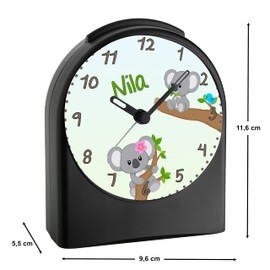 CreaDesign, WU-50-1081-01, Koala, analog Kinderwecker schwarz, Funkwecker ohne Ticken, mit Licht, personalisiert mit Namen, 9,6 x 5,5 x 11,9 cm, 104 g