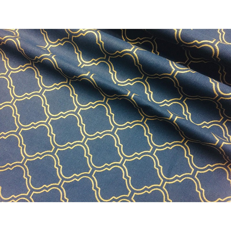 Gold Moroccan Arabic Damask Fabric Navy Blue Curtain Upholstery -