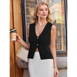 Womens Sleeveless Cardigans Trendy Summer V Neck Crop Tank Tops Casual Button Up Black Sweater Vest Black