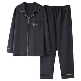 Hyjkl Men's Pajamas, 100% Cotton, Large Size, Room Wear, Top and Bottom Set, Loungewear, Plain, Skin-friendly, Soft, Loose, Sleepwear, Breathable, Sweat Absorbent, Unisex, For Spring and Autumn, gray