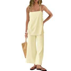 Yanekop Linen Sets for Women 2 Piece Pants Summer Outfits Matching Lounge Sets Spaghetti Strap Tank Top Pants Sets(Beige,S)