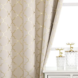 Enactex 100% Full Blackout Curtains Thermal Insulated Drapes 84 Inch Long for Bedroom, Beige Drapery with Gold Geometric Pattern Room Darkening Grommet Window Curtain for Living Room, 2 Panels