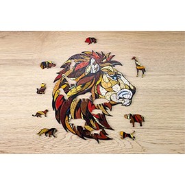 EWA Eco-Wood-Art Lion Puzzle Lion Coloured Wooden Jigsaw Puzzles for Teenagers and Adults, DIY Kit, Self-Assembly, No Glue Required, 100 Pieces, Multicoloured