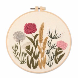 IUHUI Embroidery Kit for Beginners Adults - Thriving Flowers and Plants Easy Patterns, DIY Hand Stitching Embroidery Set with Hoop (Red Pink Flowers)