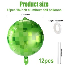 12pcs Green Pixel Balloons, 18in Pixel Style Aluminum Film Balloons with Ribbons & Straws for Theme Birthday Party Decorations