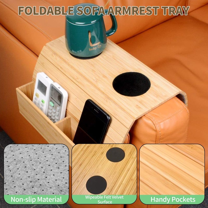 Sofa Tray Armrest, Sofa Shelf with 2 Coasters, Wooden Sofa