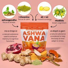 Ashwavana Ashwagandha & Vitamin D Drink Mix With L-Theanine, K2, Rhodiola, 100MG Time-Release Caffeine - Orange Passion Fruit Flavor. America's #1 Ashwa Drink