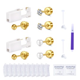 AVYRING Ear Piercing Gun Kit - 2 Pcs Gold Self Ear Piercing Kit with Earring Stud Hypoallergenic Steel Tools at Home 20g Pearl Flat Back Stud Earrings 3mm Cubic Zirconia