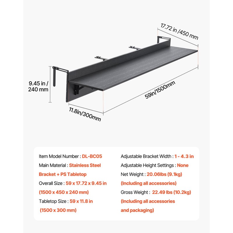 VEVOR Balcony Hanging Table, 59 x 12 inch, Outdoor Balcony