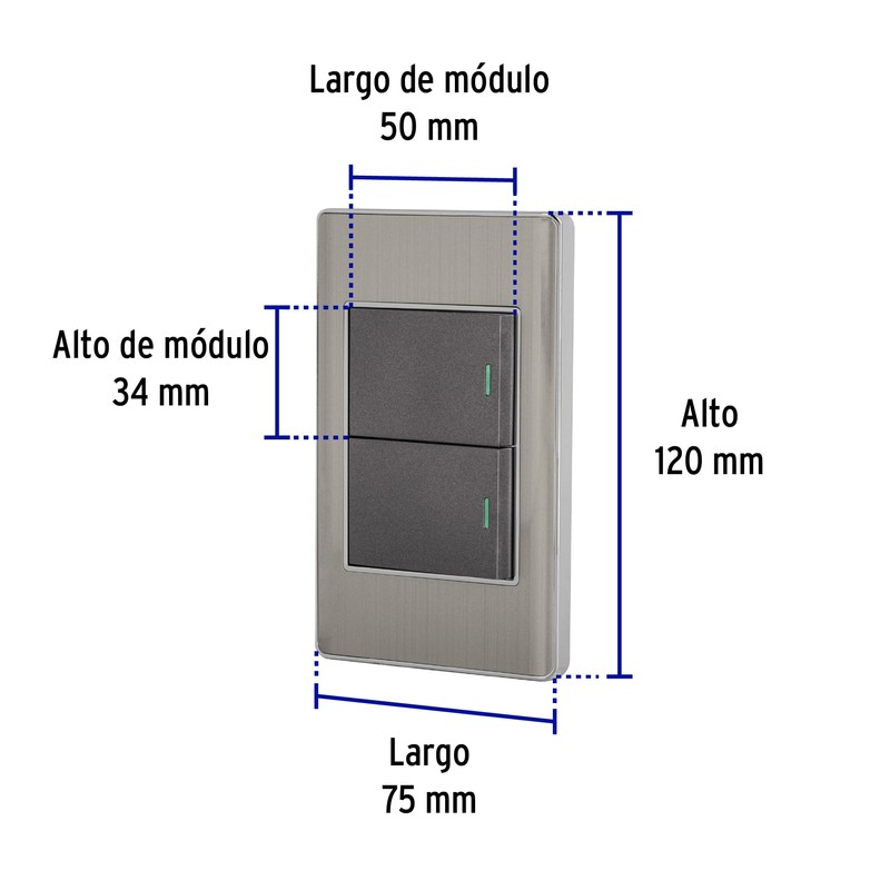 Volteck PA-APDO15-LA, Placa armada 2 interruptores sencillos color acero línea