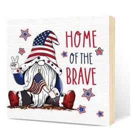 Fbitey Patriotic Independence Day Decor, 4th of July Wooden Box Decorations, Farmhouse Home of the Brave American Flag Decoration For Table Display, 5.9x5.9 In-B04