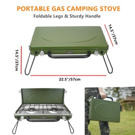 ONLYFIRE Portable Camping Stove 2-Burner, Propane Camp Stove with Foldable Legs, Camping Grill Stove with Adjustable Burners, Heavy-Duty Latch & Handle for Camping Tailgating RV BBQ, Green