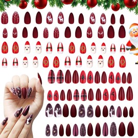 96 Pcs Christmas Fake Nails, Coffin Press on Nail Full Cover False Nail Kits Snowflake Christmas Tree Elk Design Nail Tips for Women Girl Nail Art Decoration