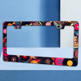 Retro Music Disc Pattern License Plate Frame Color Cd License Plate Holders Funny Stainless Steel Auto Accessory Bracket 2 Hole with Screws for US Vehicles 6x12 Inch
