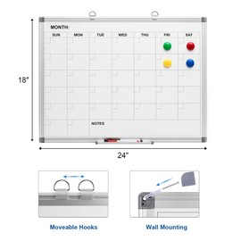 Comix Magnetic Dry Erase Calendar Whiteboard, 24 x 18 Inches Monthly Calendar Dry Erase Board for Wall, Aluminum Frame Planner White Board with Dry Erase Markers, Dry Erase Eraser, Magnets