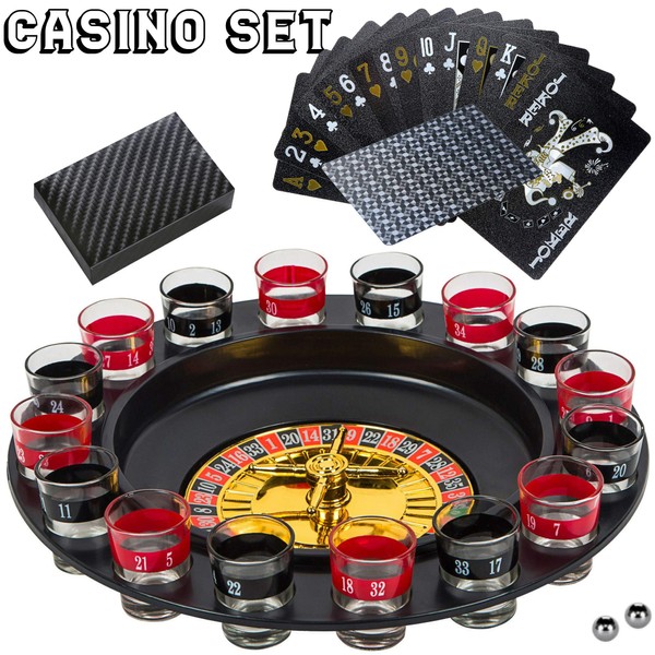 BETTERLINE Shot Glass Roulette Drinking Game and Poker Playing Cards Set - Spinning Wheel, 2 Balls and 16 Shot Glasses - Casino Adult Party Games