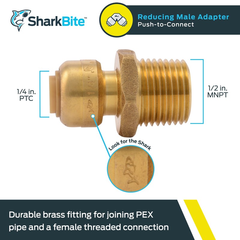 SharkBite 1/4 Inch x 1/2 Inch MNPT Reducing Adapter, Push