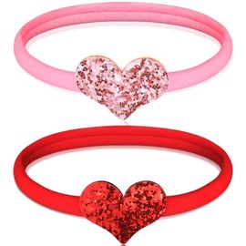 2 Pcs Baby Valentines Heart Shaped Headband Newborn Girl Glitter Elastic Hair Band Pink Red Love Heart Headbands Baby Head Wraps Accessories Valentines Baby Headbands Infant Toddlers