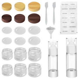6 Pcs Glass Cosmetic Jars Set with Wood Grain Lids (20ml+30ml+50ml Dark and Light) 2 Pcs Vacuum Spray Bottles Accessories Leak-Proof Empty Makeup Containers for Lotions,Creams,Scrub Cream,Home,Travel